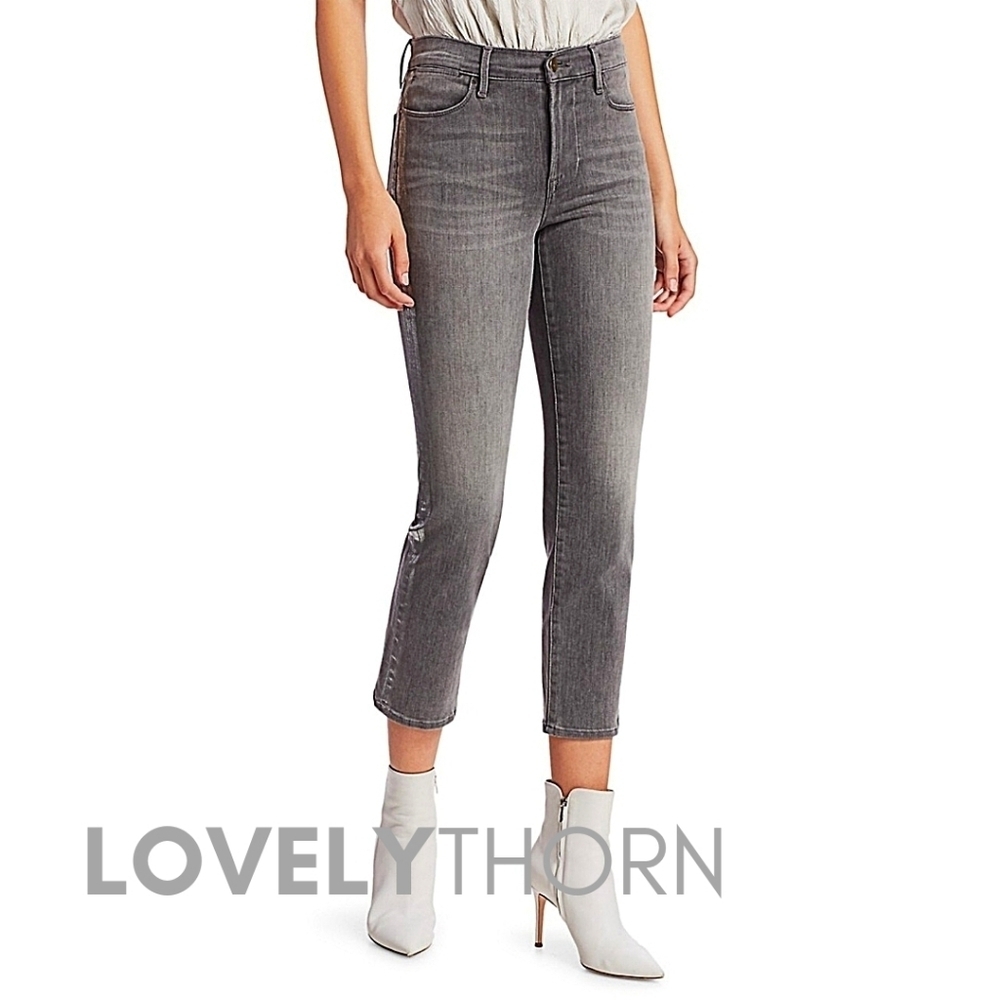 FRAME // le high straight leg foil tuxedo stripe crop grey jeans - Picture 12 of 16